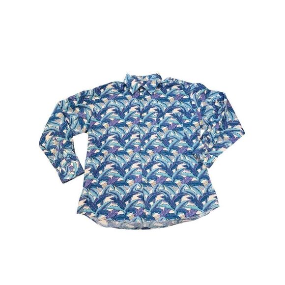 Alan Flusser Colorful Blue Palm Fronds Banana Leaf Button Up Shirt Mens Size XL - Picture 1 of 10